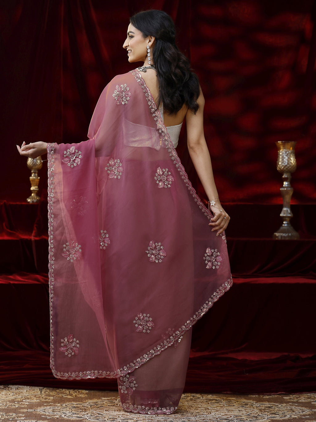 Libas Pink Floral Embellished Chiffon Saree