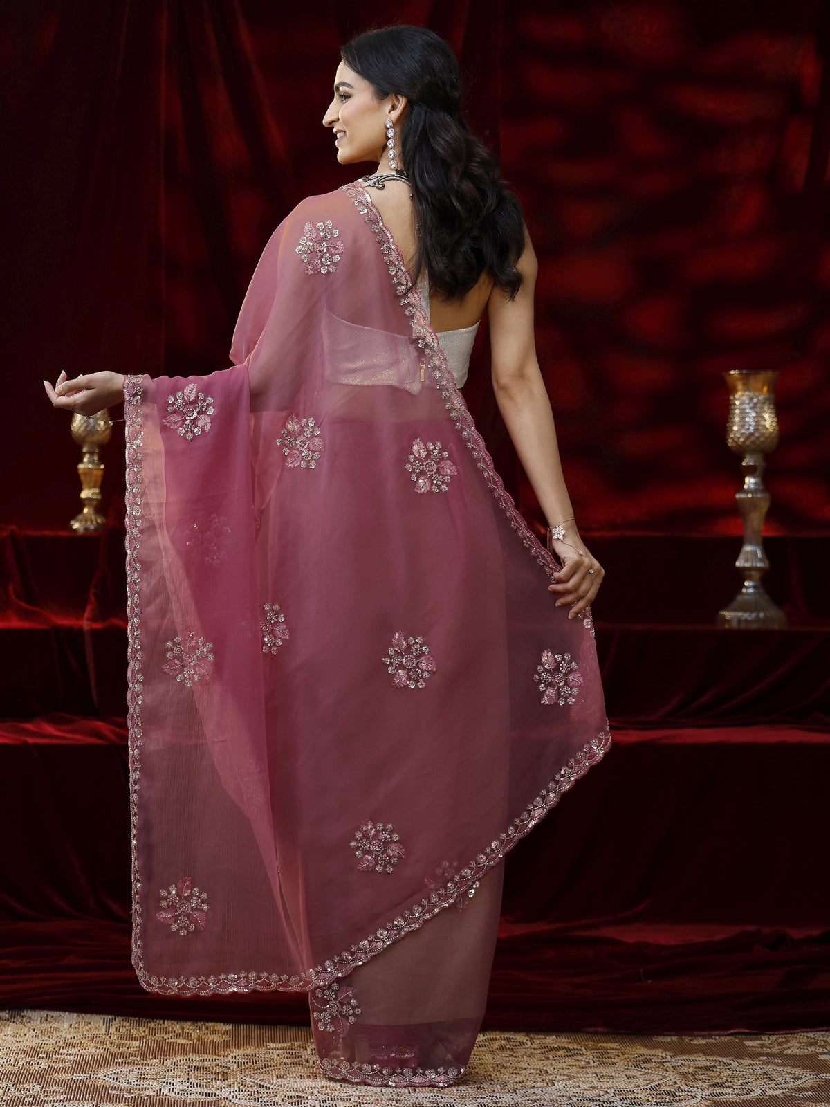 Libas Pink Floral Embellished Chiffon Saree