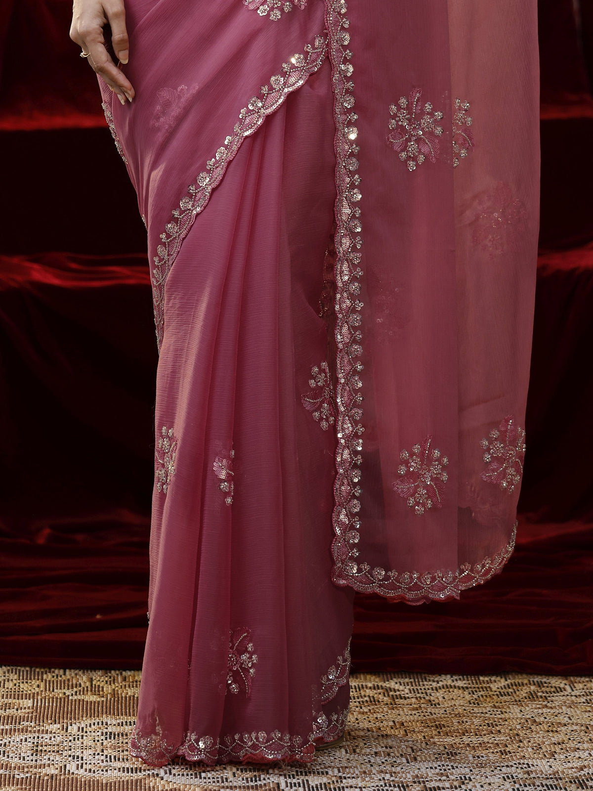 Libas Pink Floral Embellished Chiffon Saree