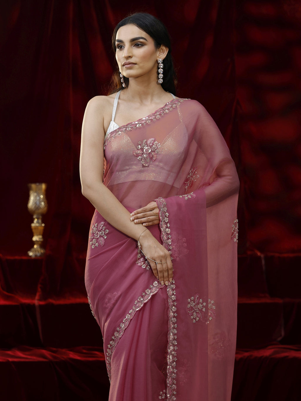 Libas Pink Floral Embellished Chiffon Saree