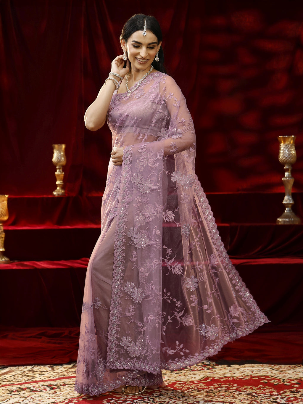 Libas Lavender Floral Embroidered Net Saree