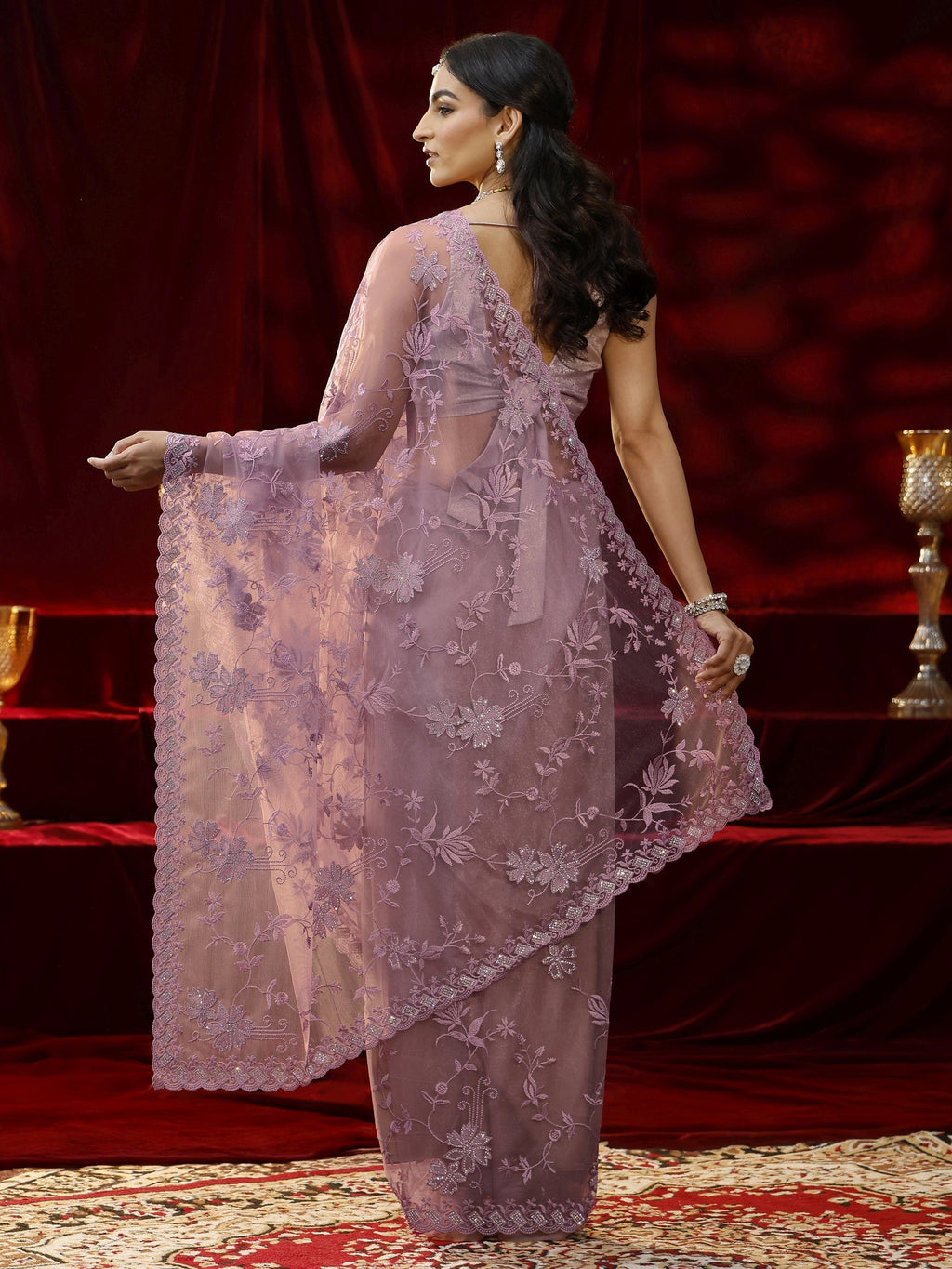 Libas Lavender Floral Embroidered Net Saree