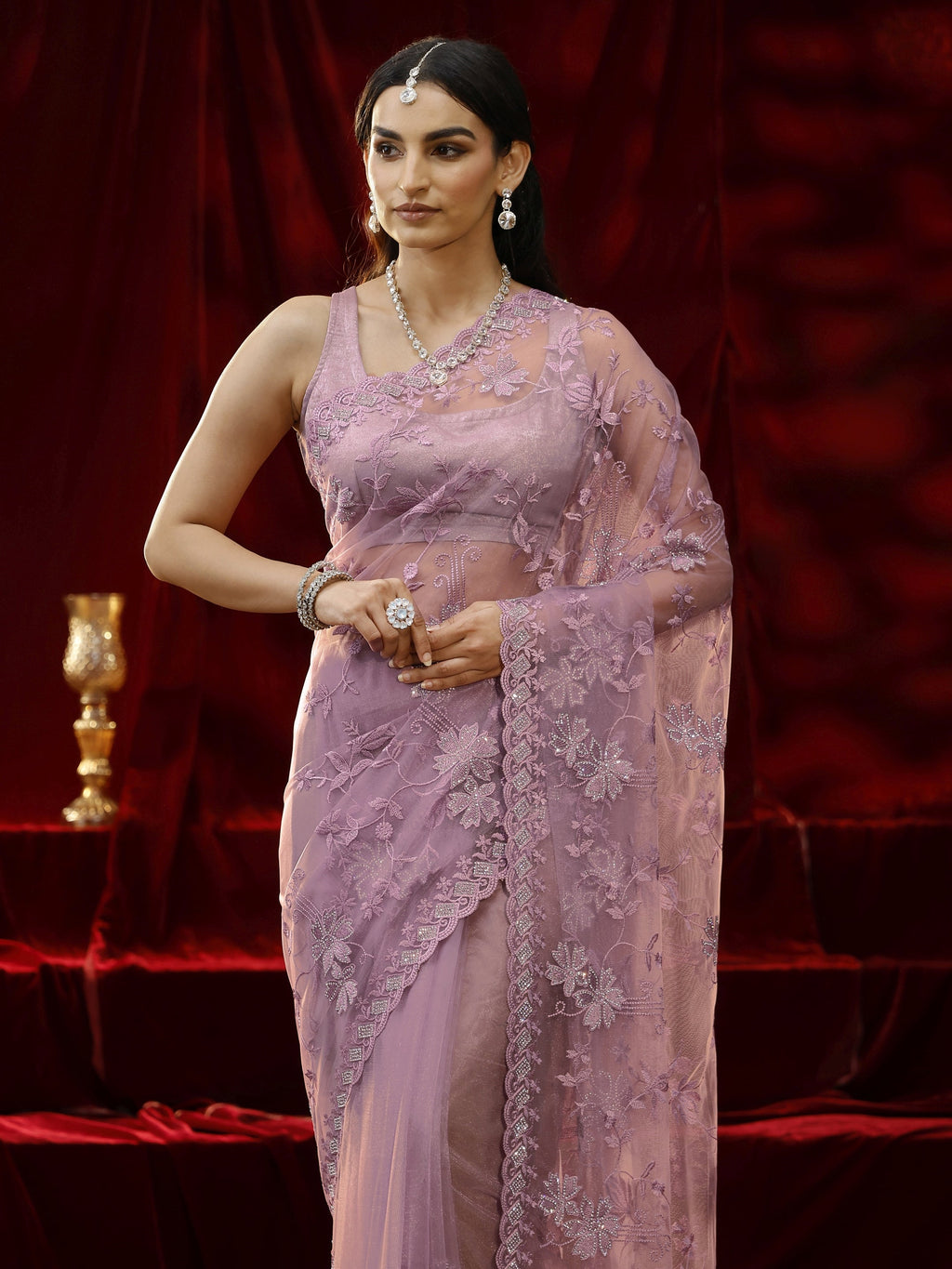 Libas Lavender Floral Embroidered Net Saree