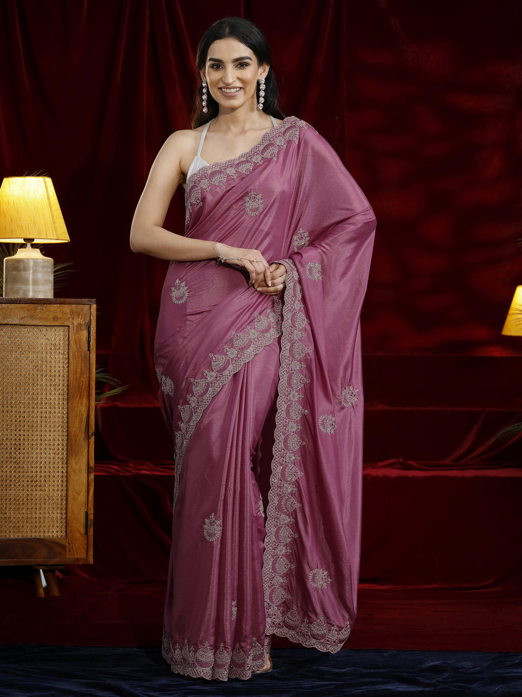 Libas Mauve Ethnic Motif Embroidered Satin Saree