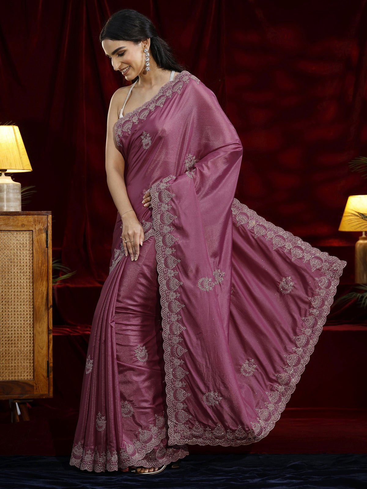 Libas Mauve Ethnic Motif Embroidered Satin Saree