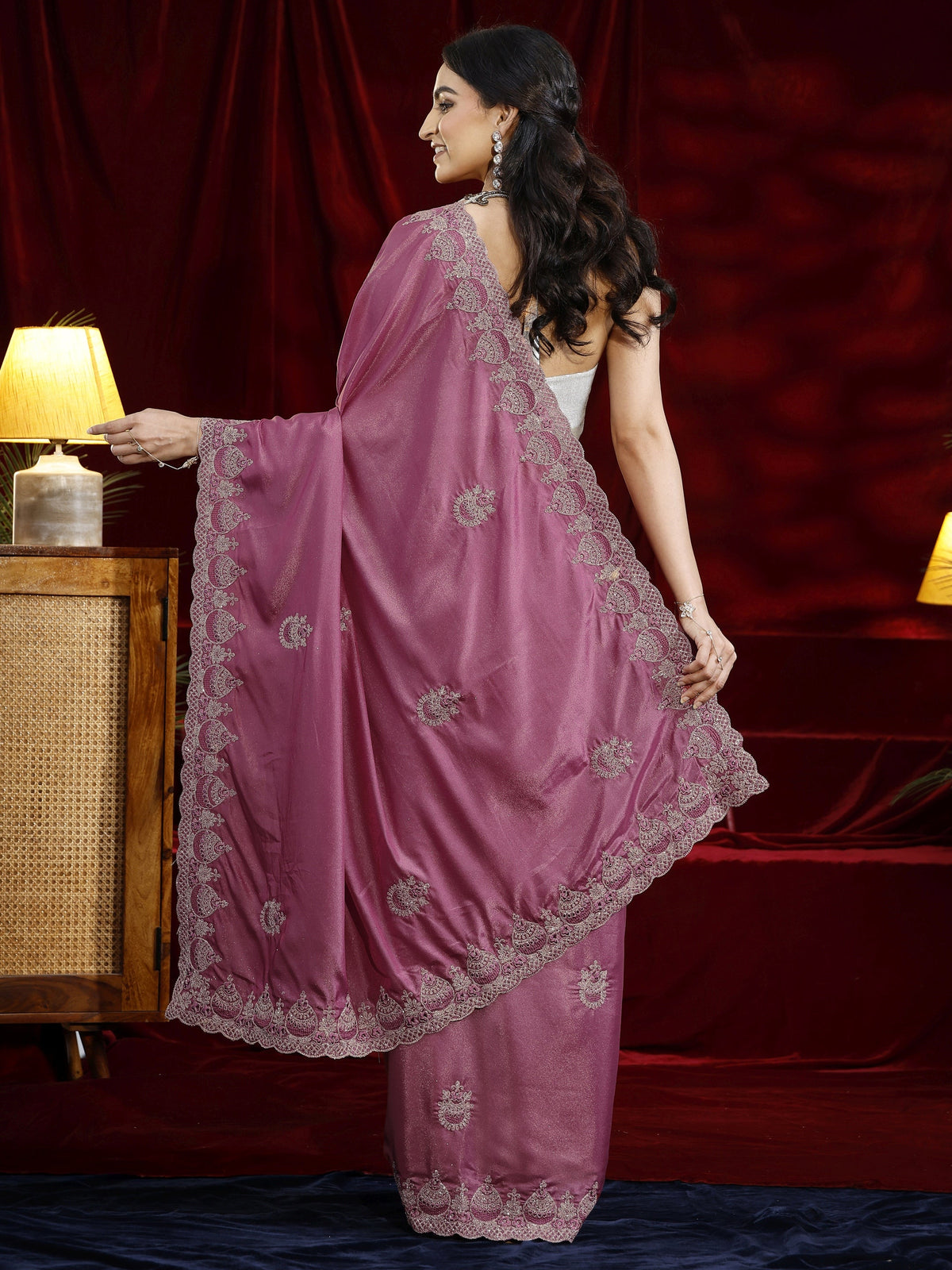 Libas Mauve Ethnic Motif Embroidered Satin Saree