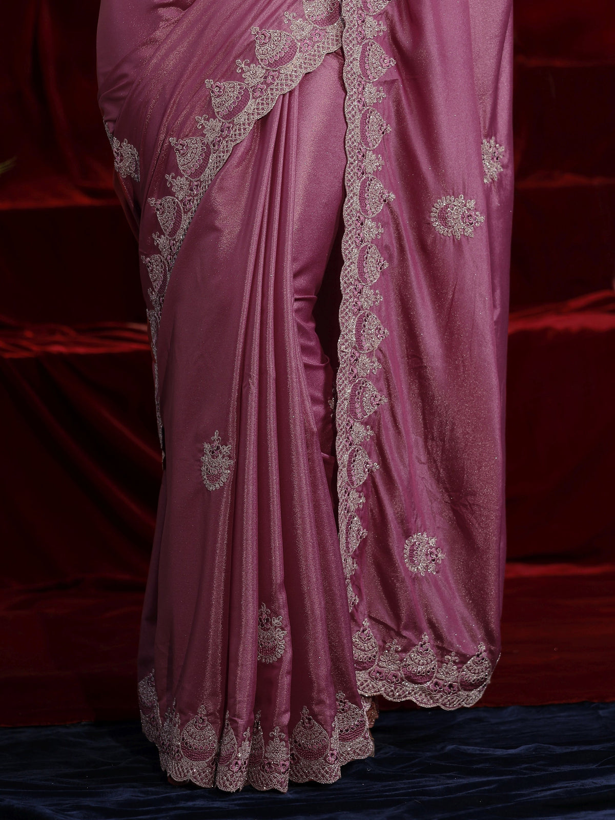 Libas Mauve Ethnic Motif Embroidered Satin Saree