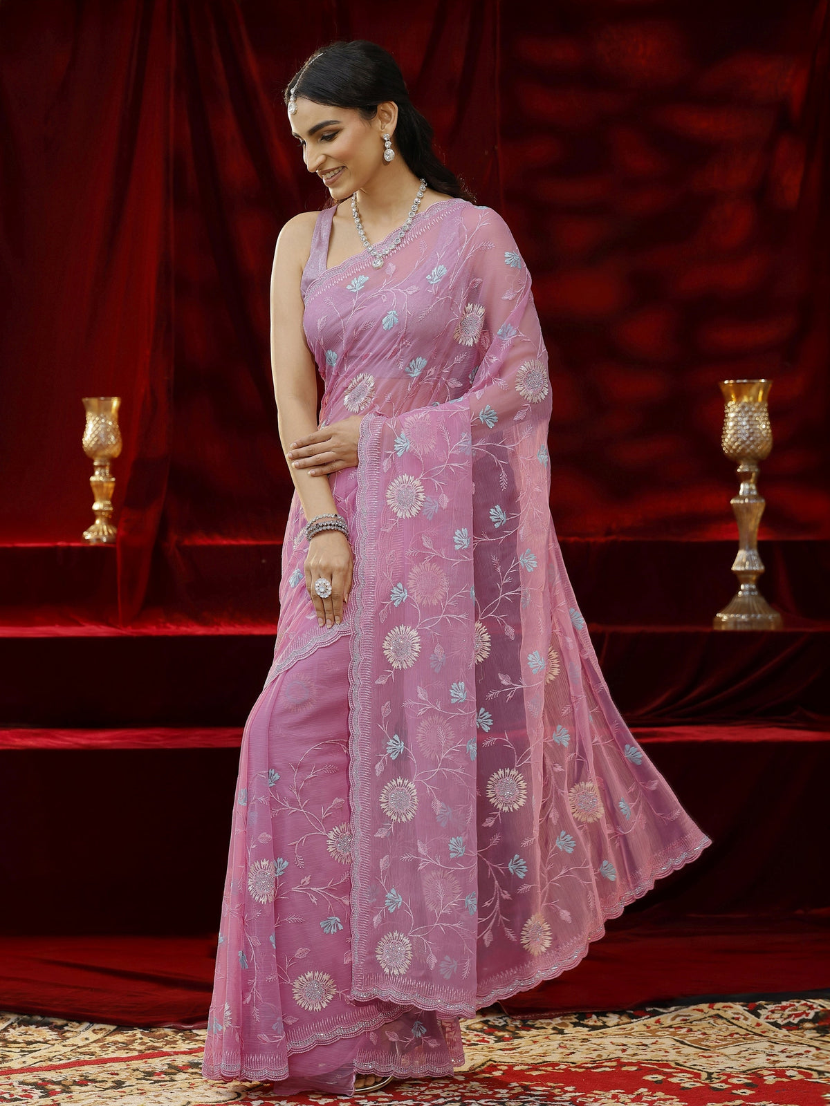 Libas Pink Floral Embroidered Chiffon Saree