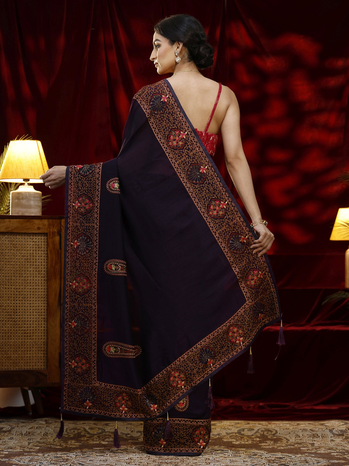 Libas Purple Paisley Embroidered Silk blend Saree