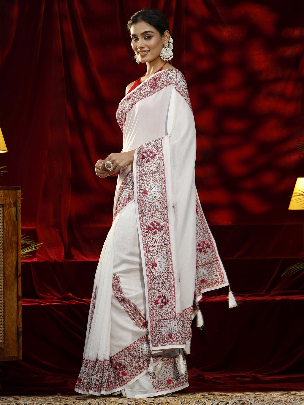 Libas Cream Paisley Embroidered Silk blend Saree