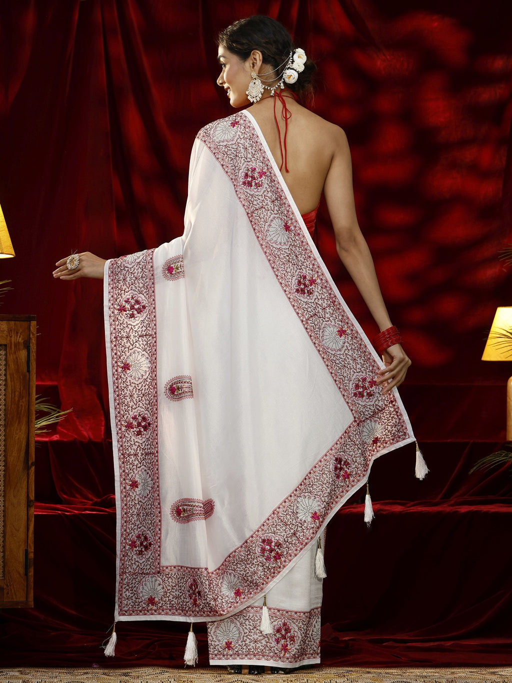 Libas Cream Paisley Embroidered Silk blend Saree