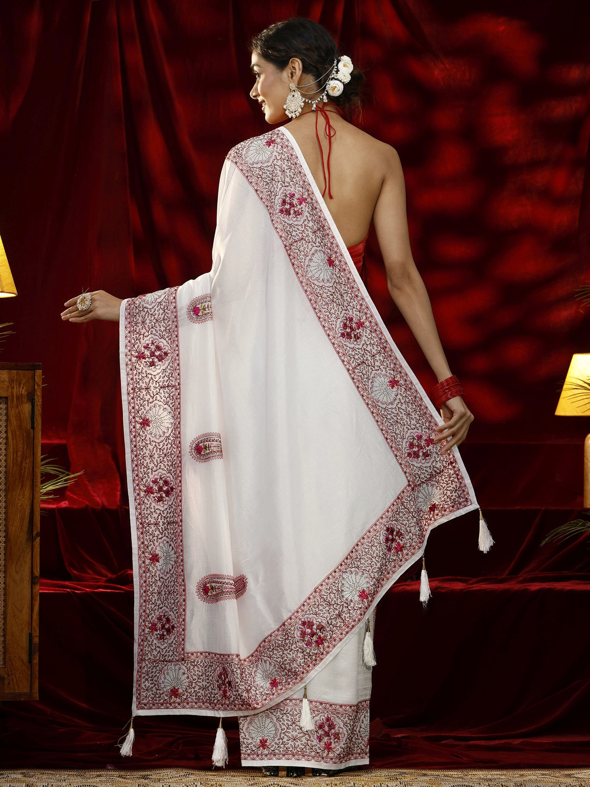 Libas Cream Paisley Embroidered Silk blend Saree
