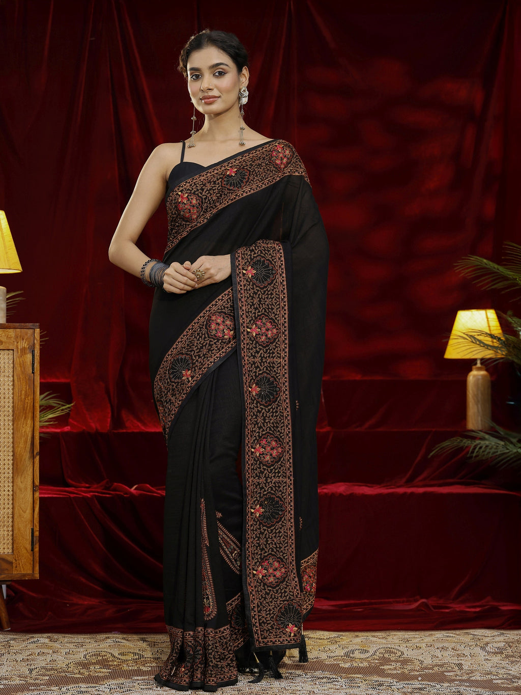 Libas Black Paisley Embroidered Silk blend Saree
