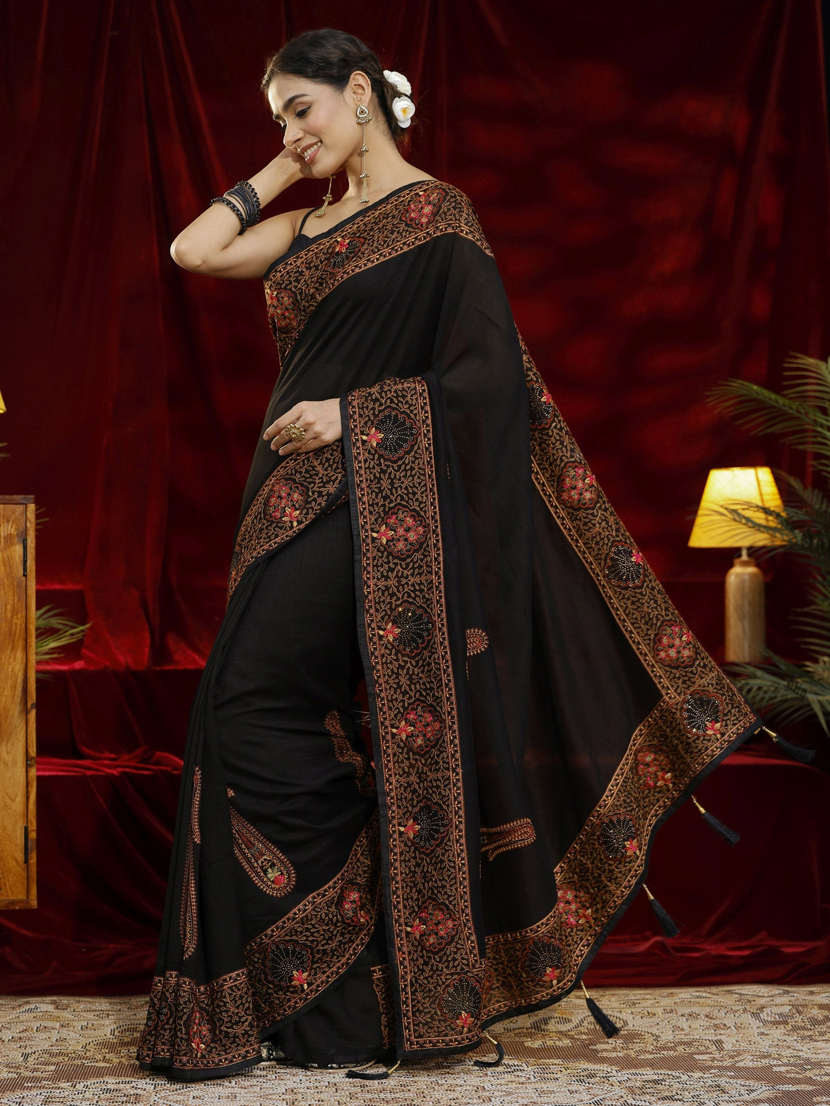 Libas Black Paisley Embroidered Silk blend Saree