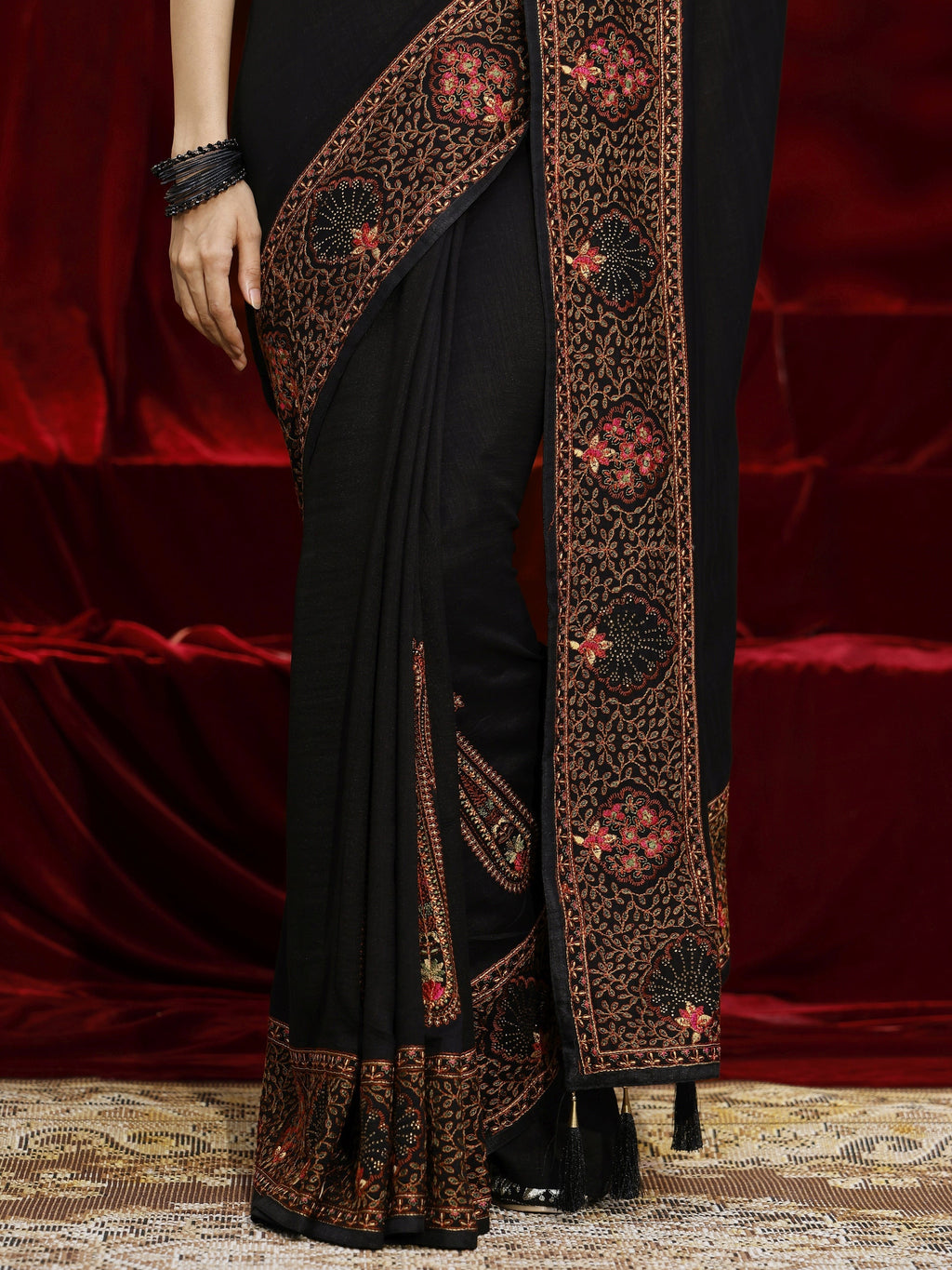 Libas Black Paisley Embroidered Silk blend Saree