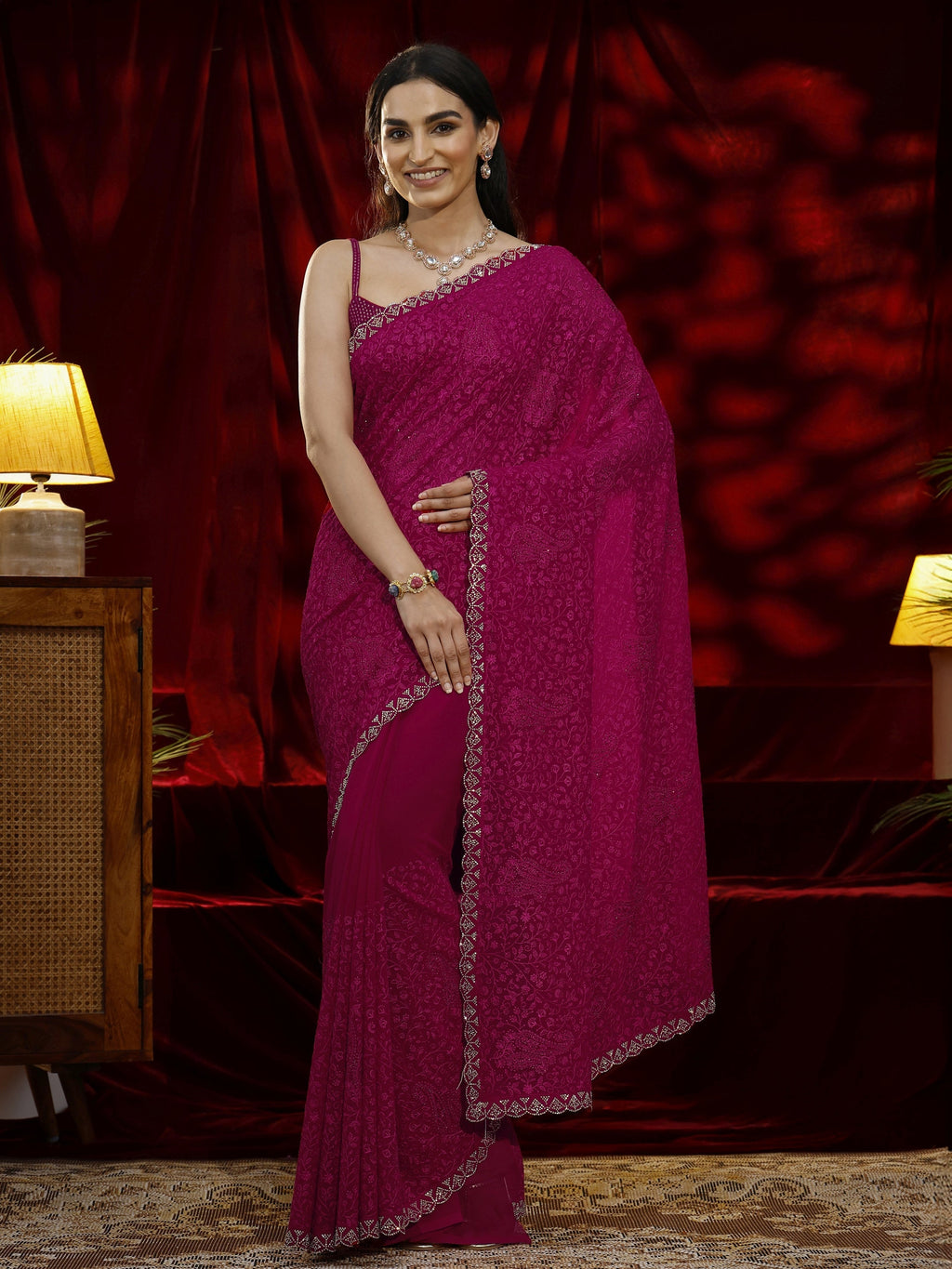 Libas Pink Floral Embroidered Georgette Saree