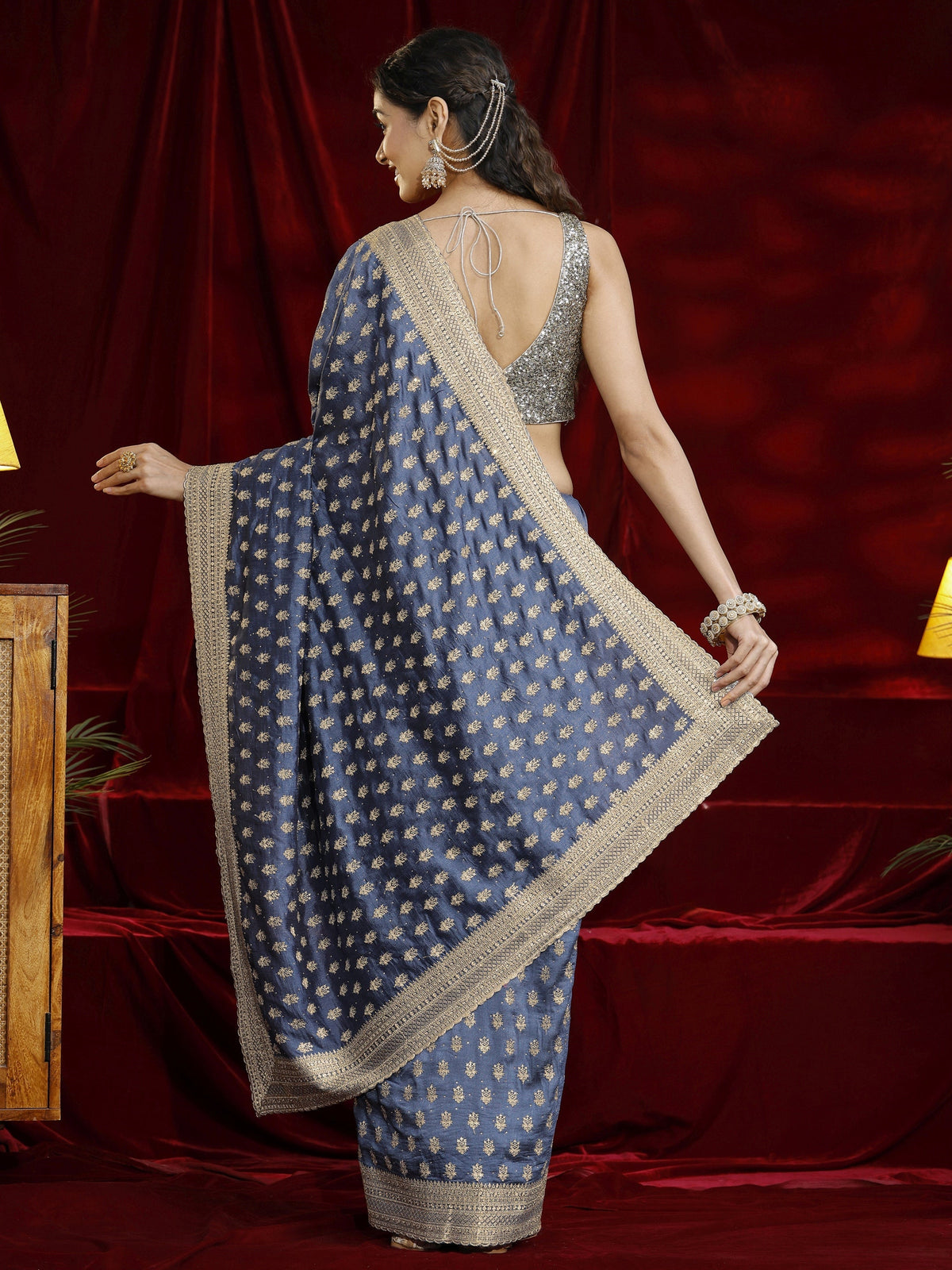 Libas Blue Ethnic Motif Embroidered Silk blend Saree