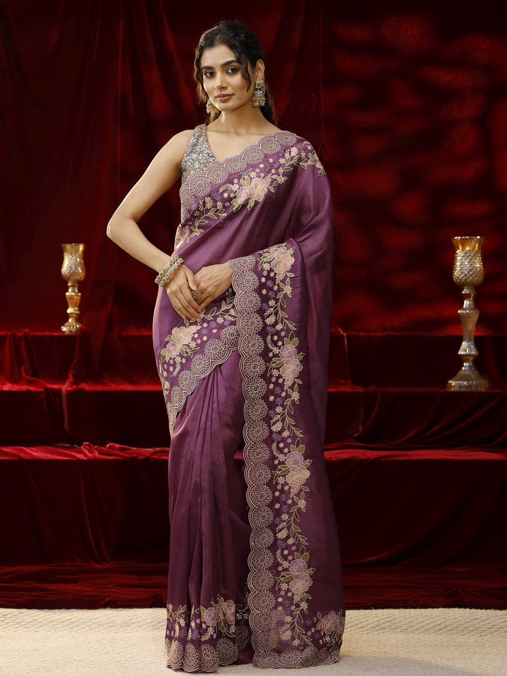 Libas Mauve Solid Silk Blend Saree