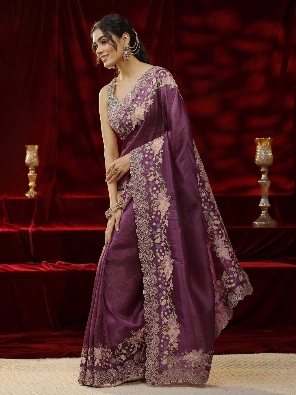 Libas Mauve Solid Silk Blend Saree
