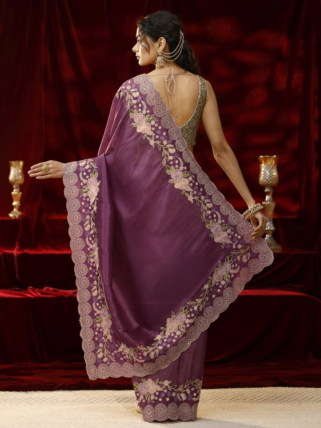 Libas Mauve Solid Silk Blend Saree
