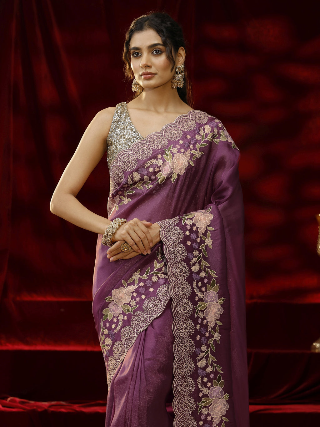 Libas Mauve Solid Silk Blend Saree