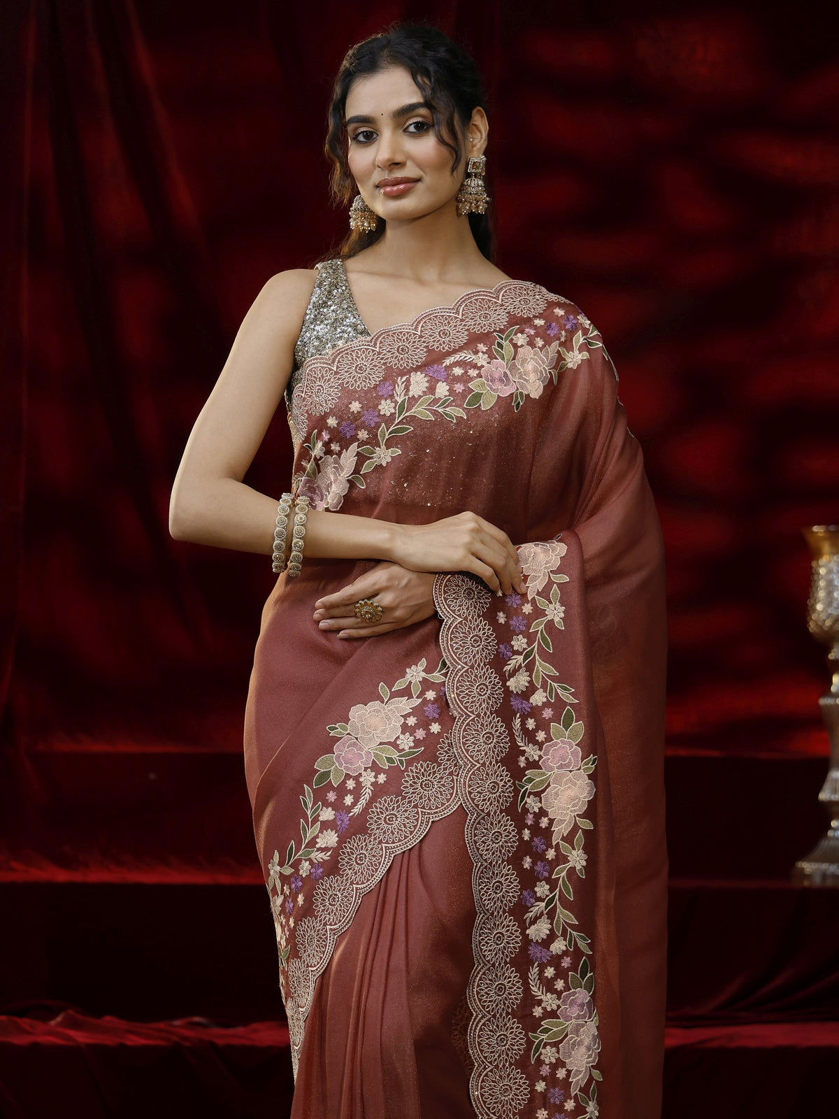 Libas Copper Solid Silk Blend Saree
