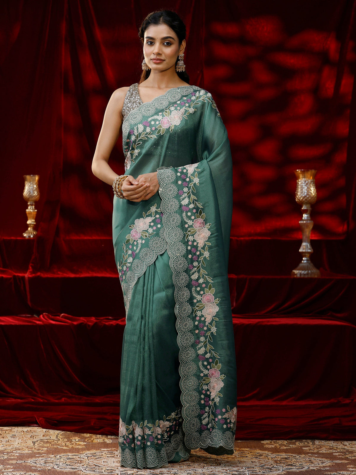 Libas Green Solid Silk Blend Saree