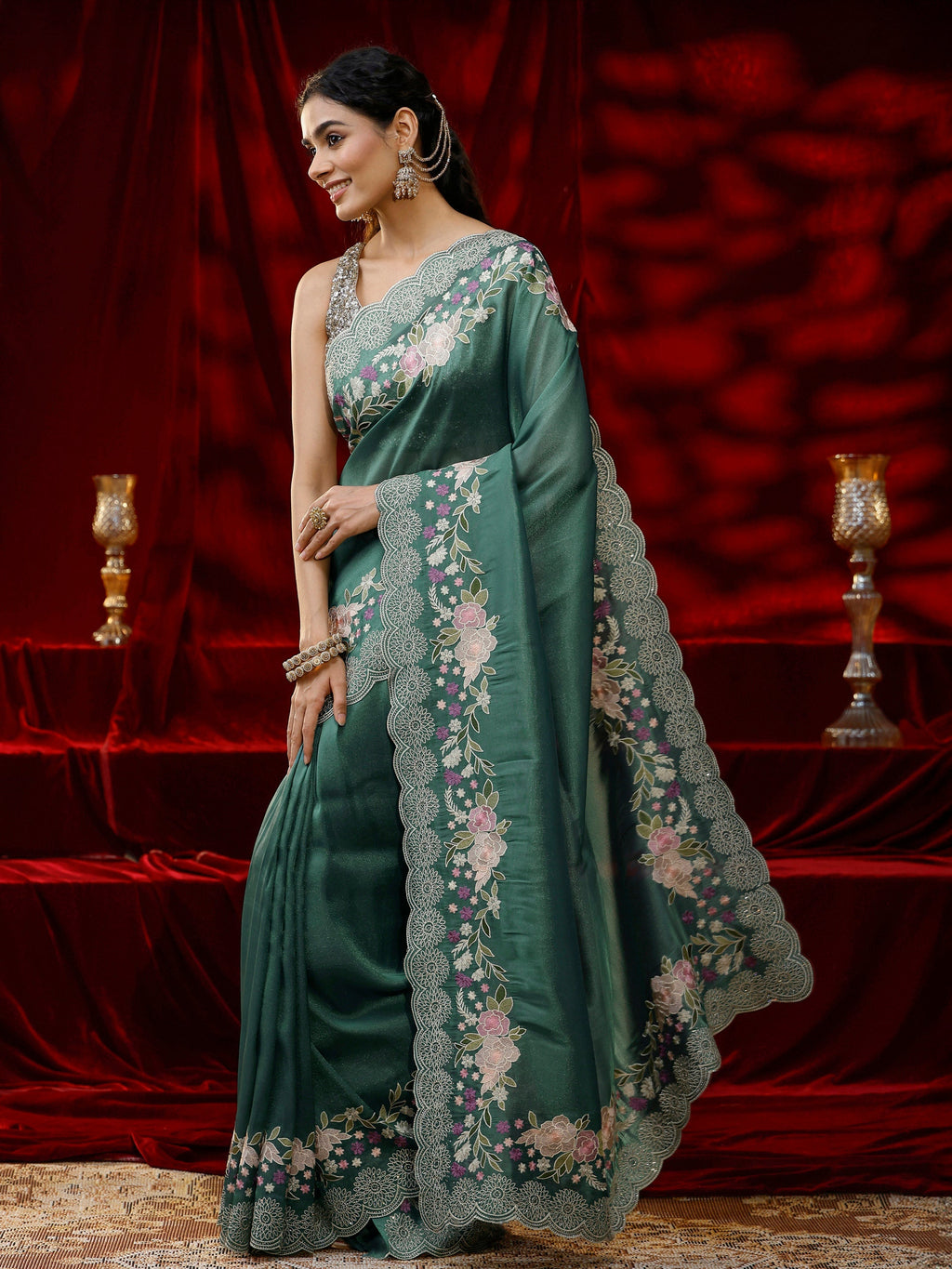 Libas Green Solid Silk Blend Saree