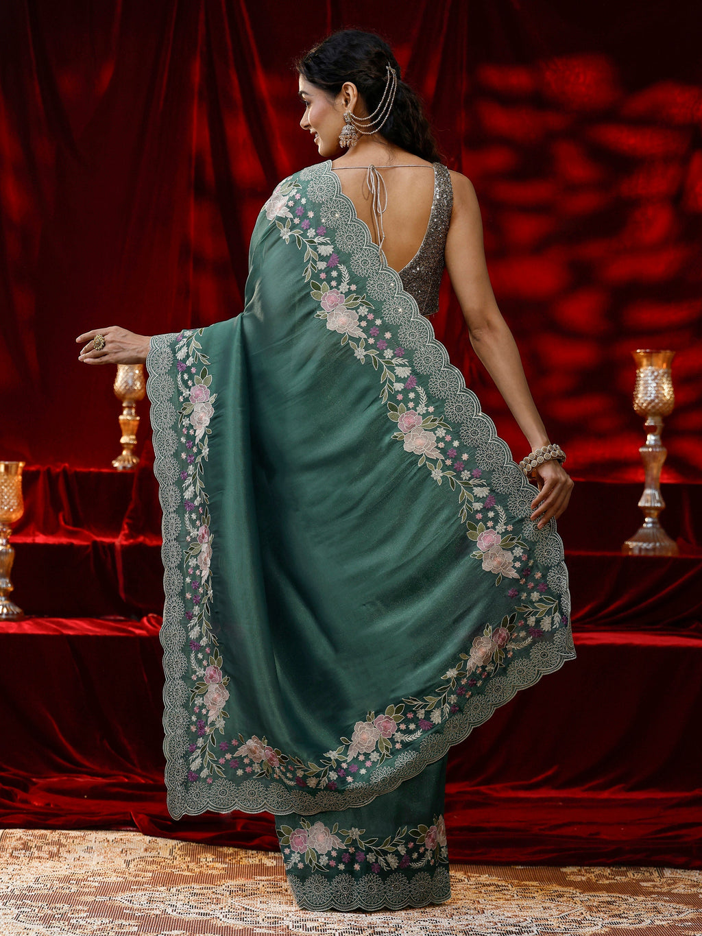Libas Green Solid Silk Blend Saree
