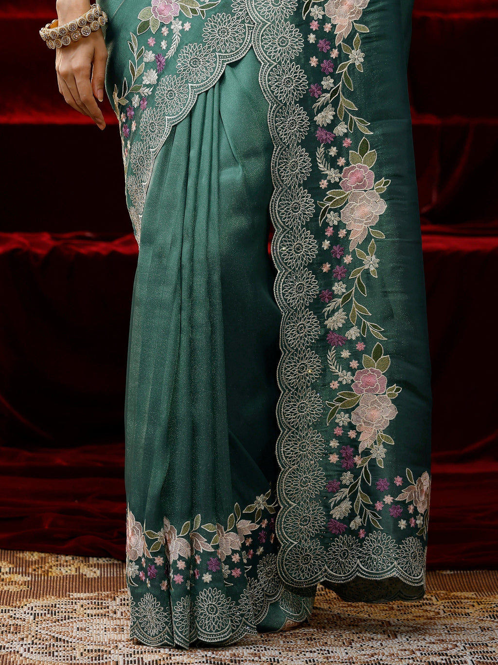 Libas Green Solid Silk Blend Saree