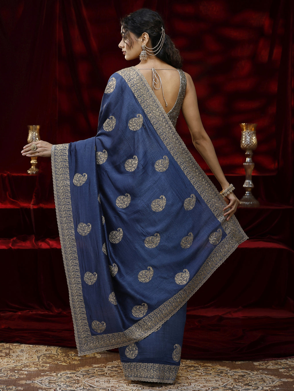 Libas Blue Paisley Embroidered Silk blend Saree