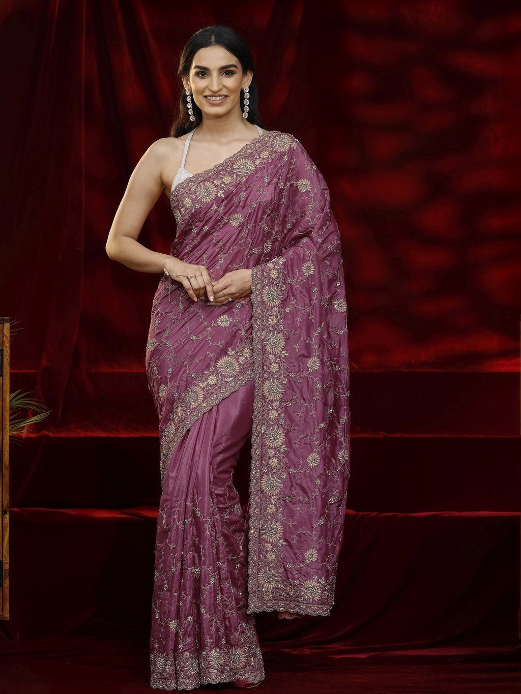 Libas Art Mauve Floral Embroidered Satin Saree