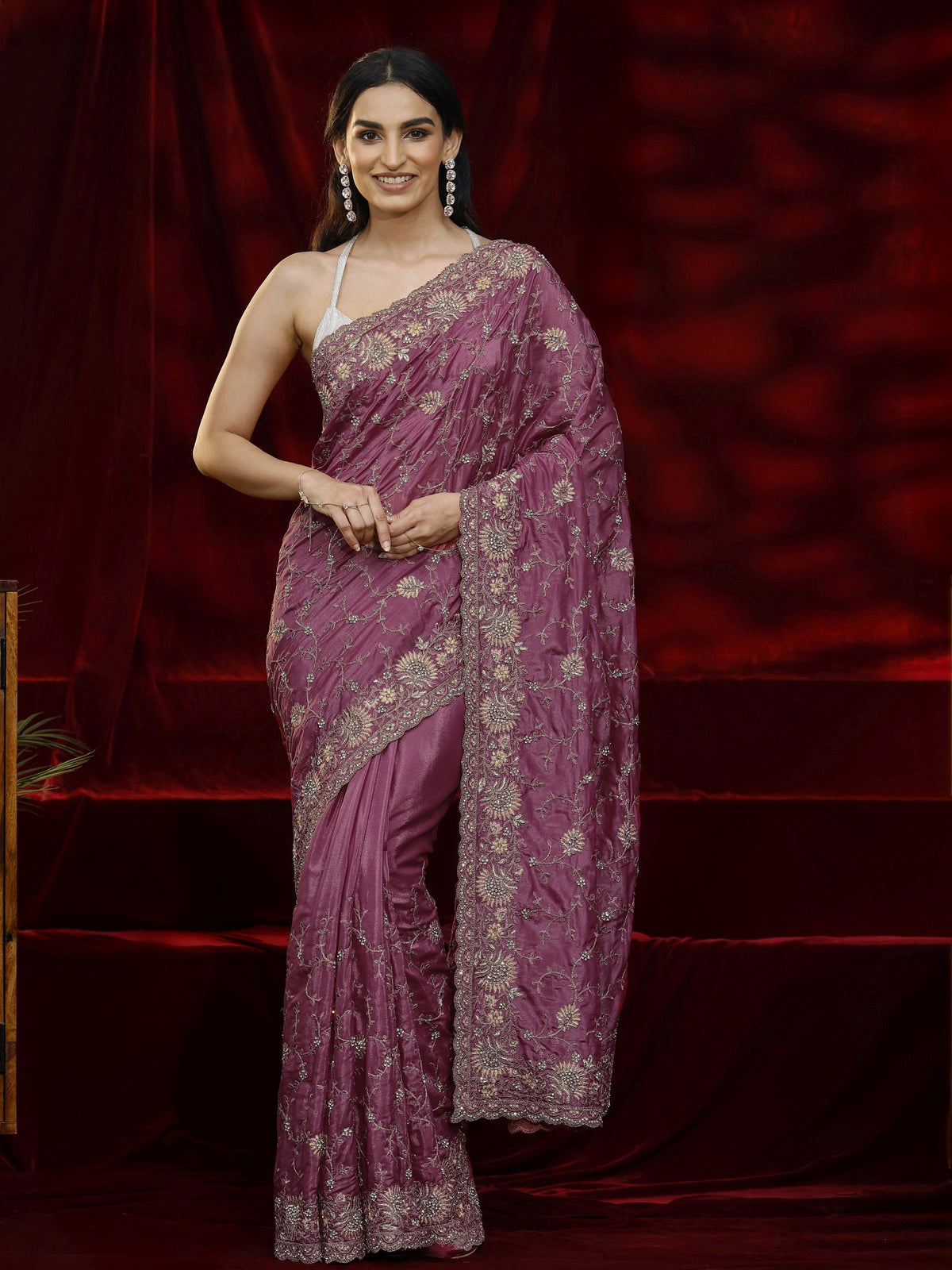 Libas Art Mauve Floral Embroidered Satin Saree