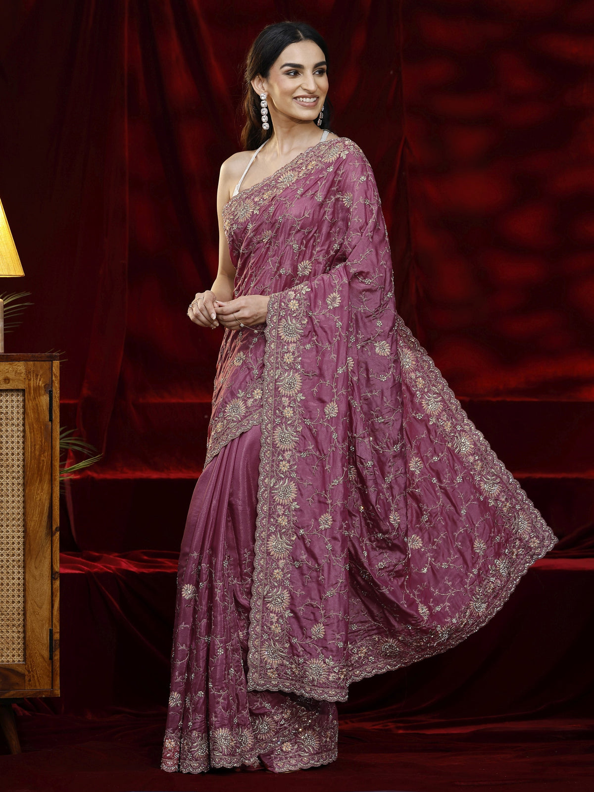 Libas Art Mauve Floral Embroidered Satin Saree