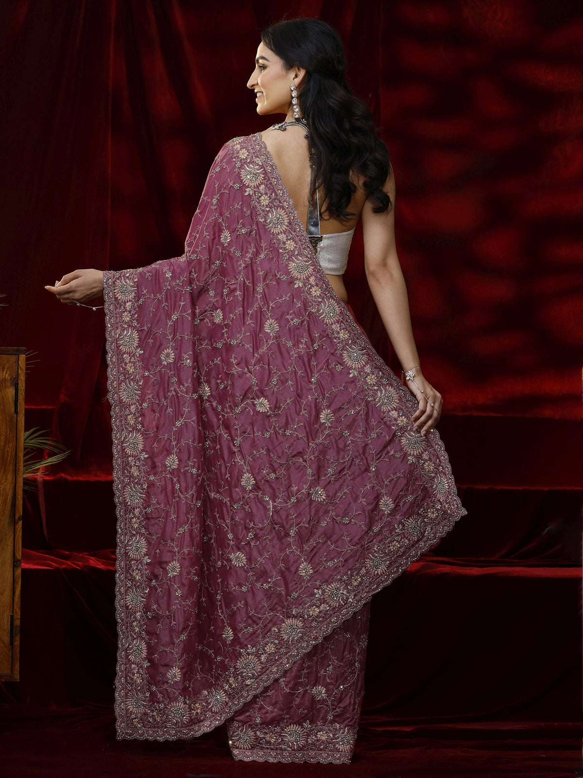 Libas Art Mauve Floral Embroidered Satin Saree
