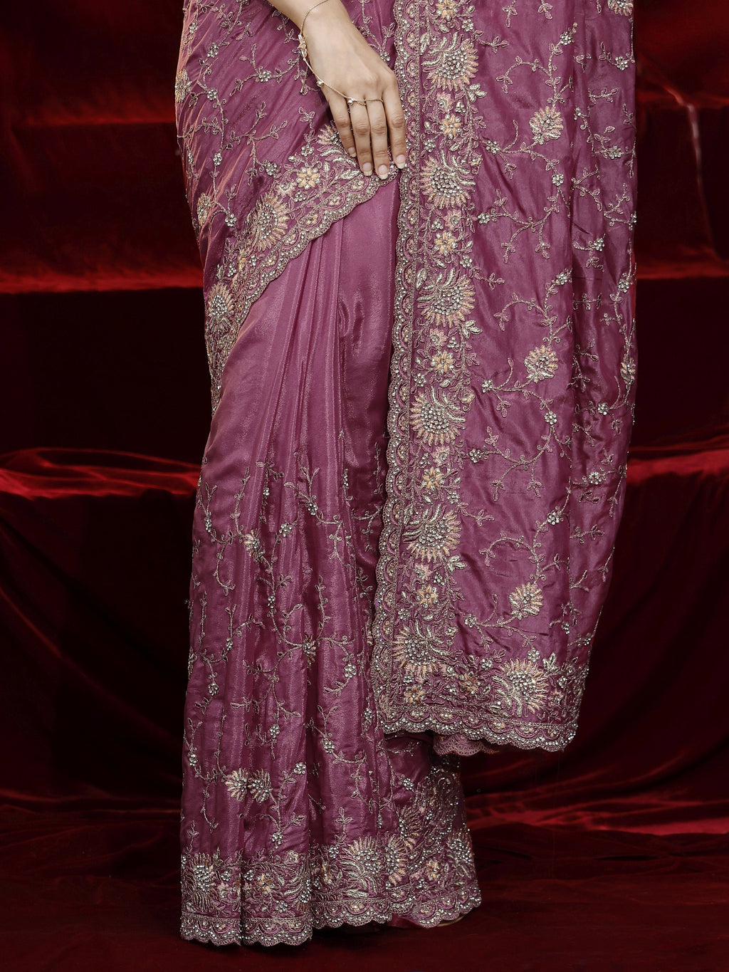 Libas Art Mauve Floral Embroidered Satin Saree