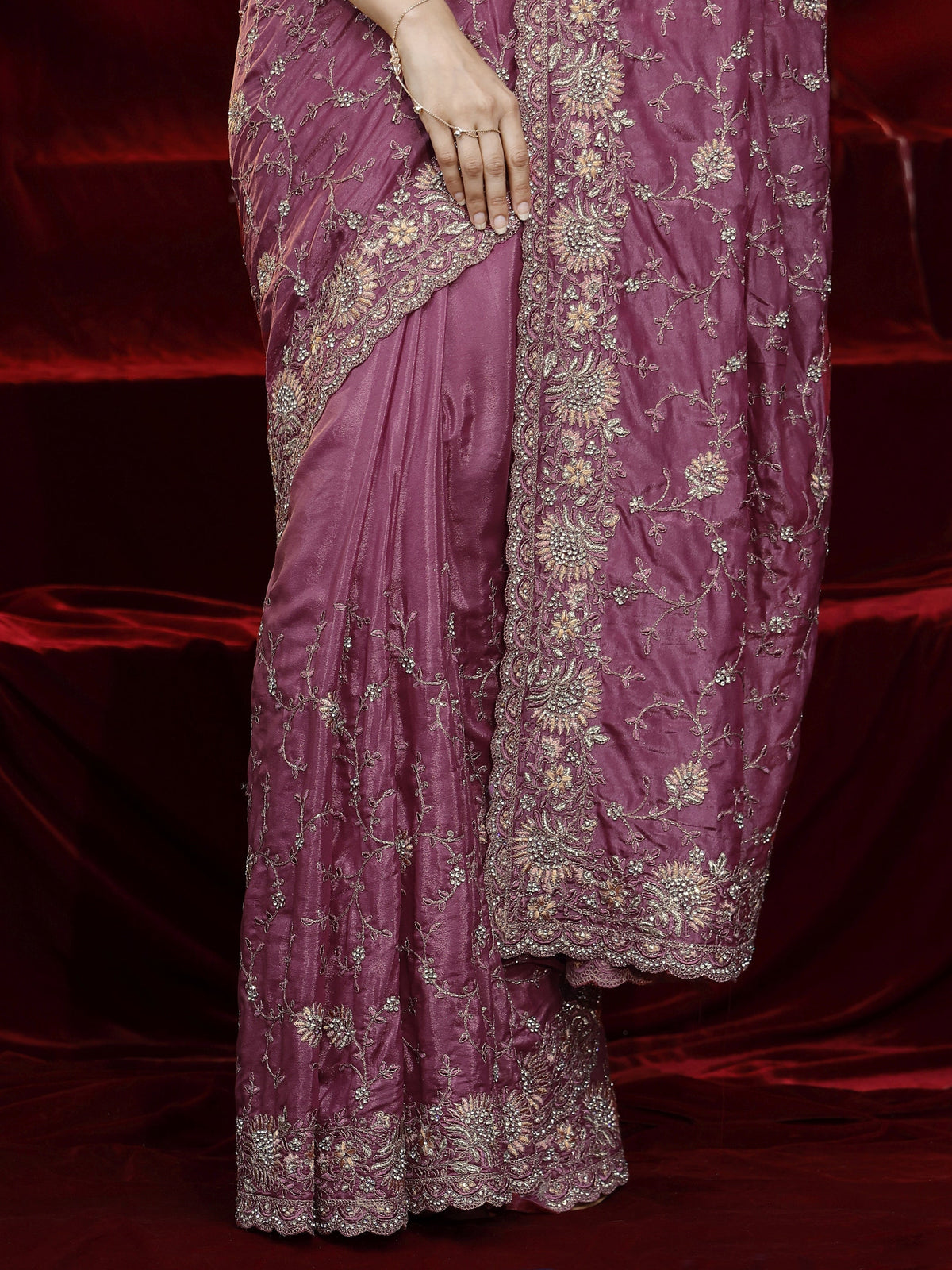 Libas Art Mauve Floral Embroidered Satin Saree