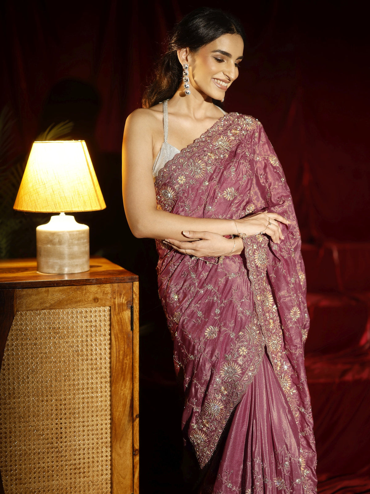 Libas Art Mauve Floral Embroidered Satin Saree