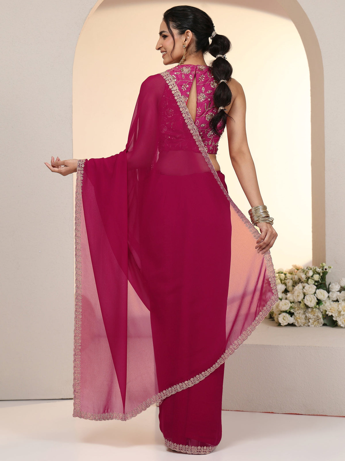 Libas Rani Pink Georgette Saree with Embroidered Border