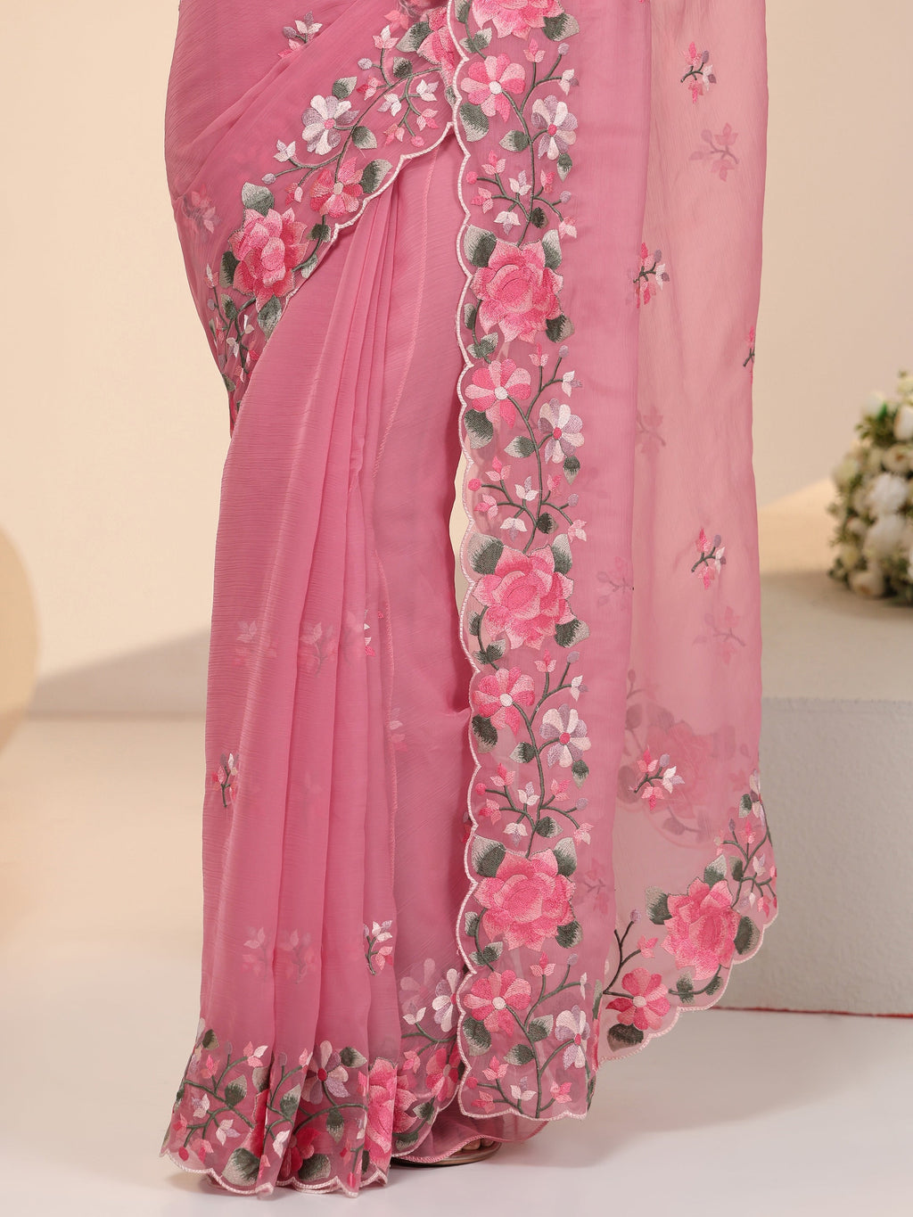 Libas Rose Pink Floral Embroidered Chiffon Saree with Scalloped Border