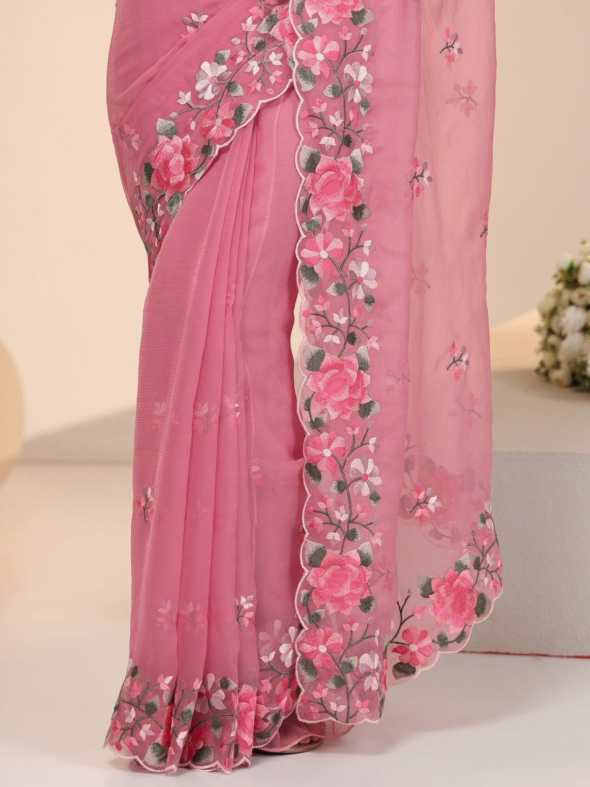Libas Rose Pink Floral Embroidered Chiffon Saree with Scalloped Border