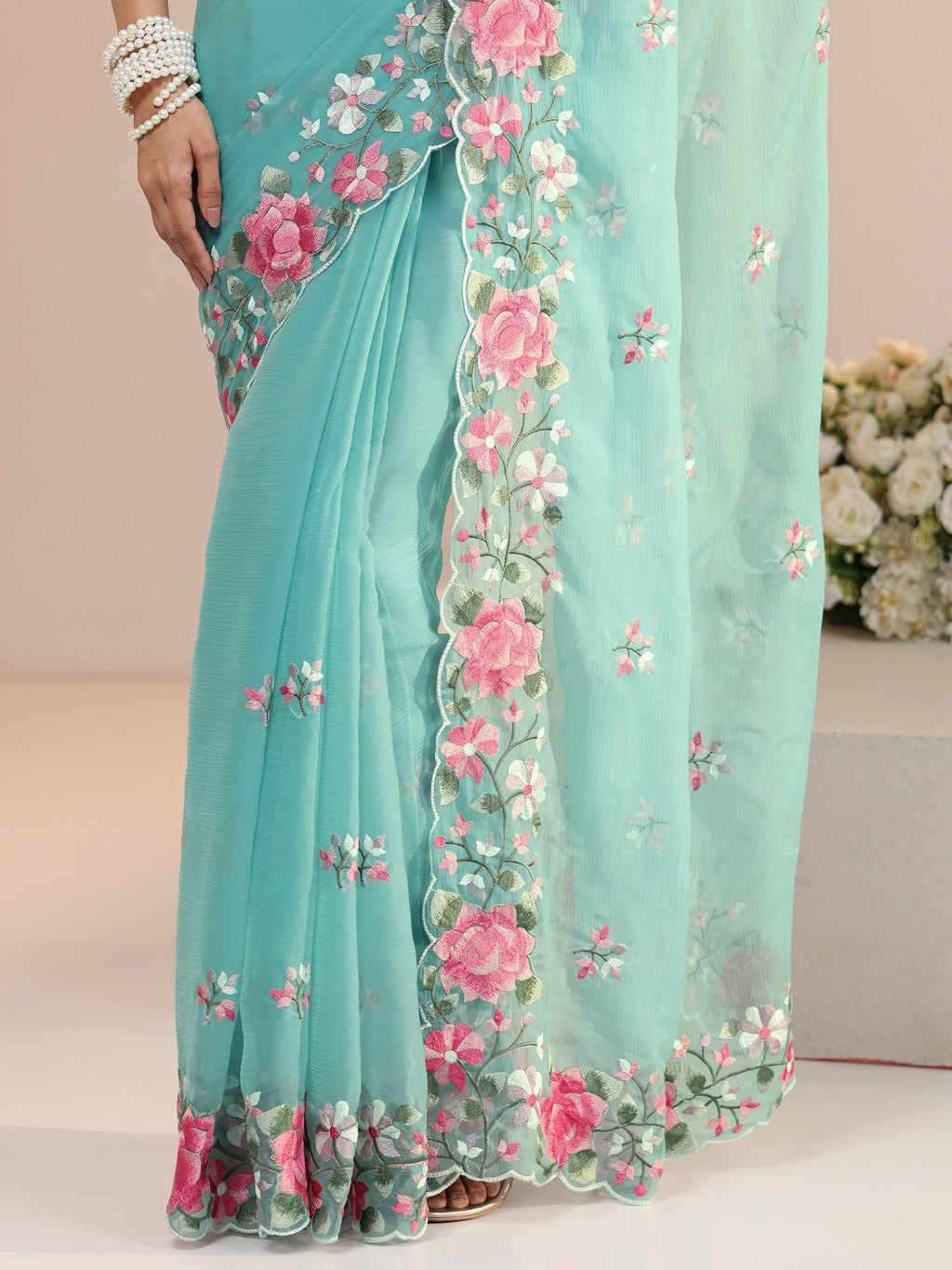 Libas Aqua Blue Floral Embroidered Chiffon Saree with Scalloped Border