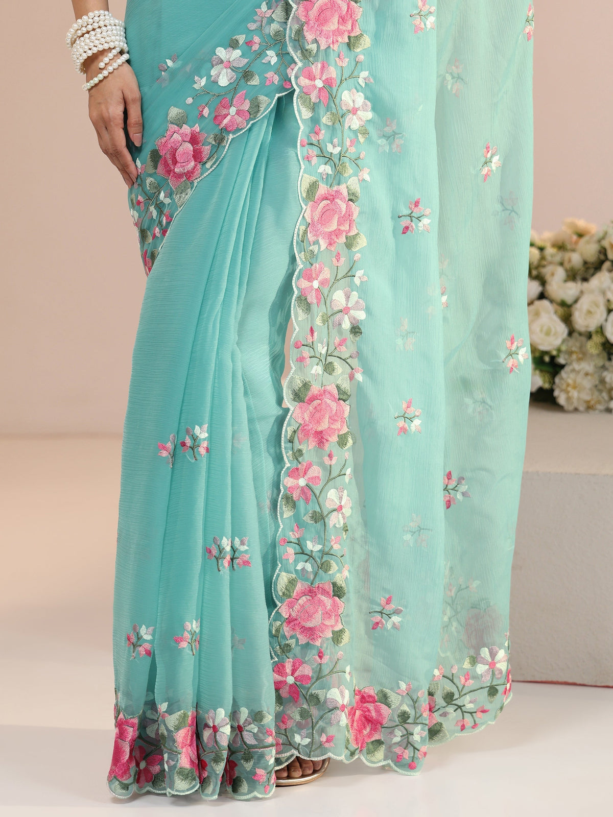 Libas Aqua Blue Floral Embroidered Chiffon Saree with Scalloped Border