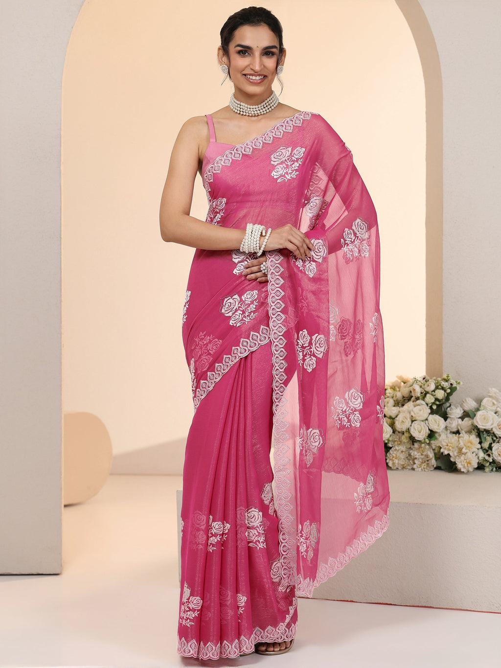 Libas Fuchsia Pink Floral Embroidered Chiffon Saree