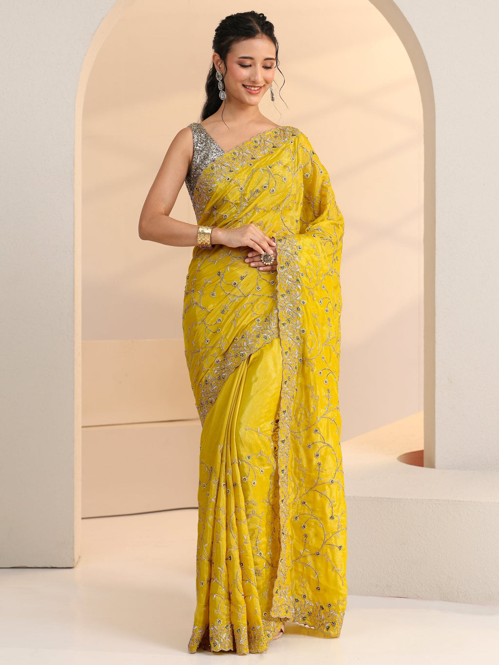 Libas Mustard Floral Embroidered Satin Saree