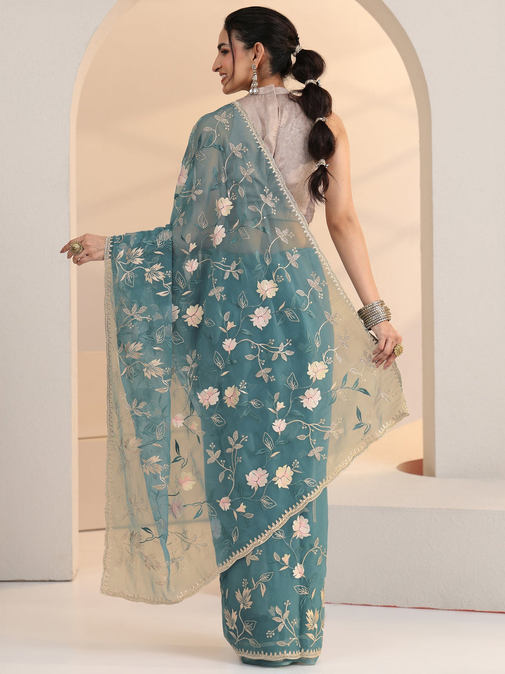 Libas Dusty Blue Floral Embroidered Chiffon Saree