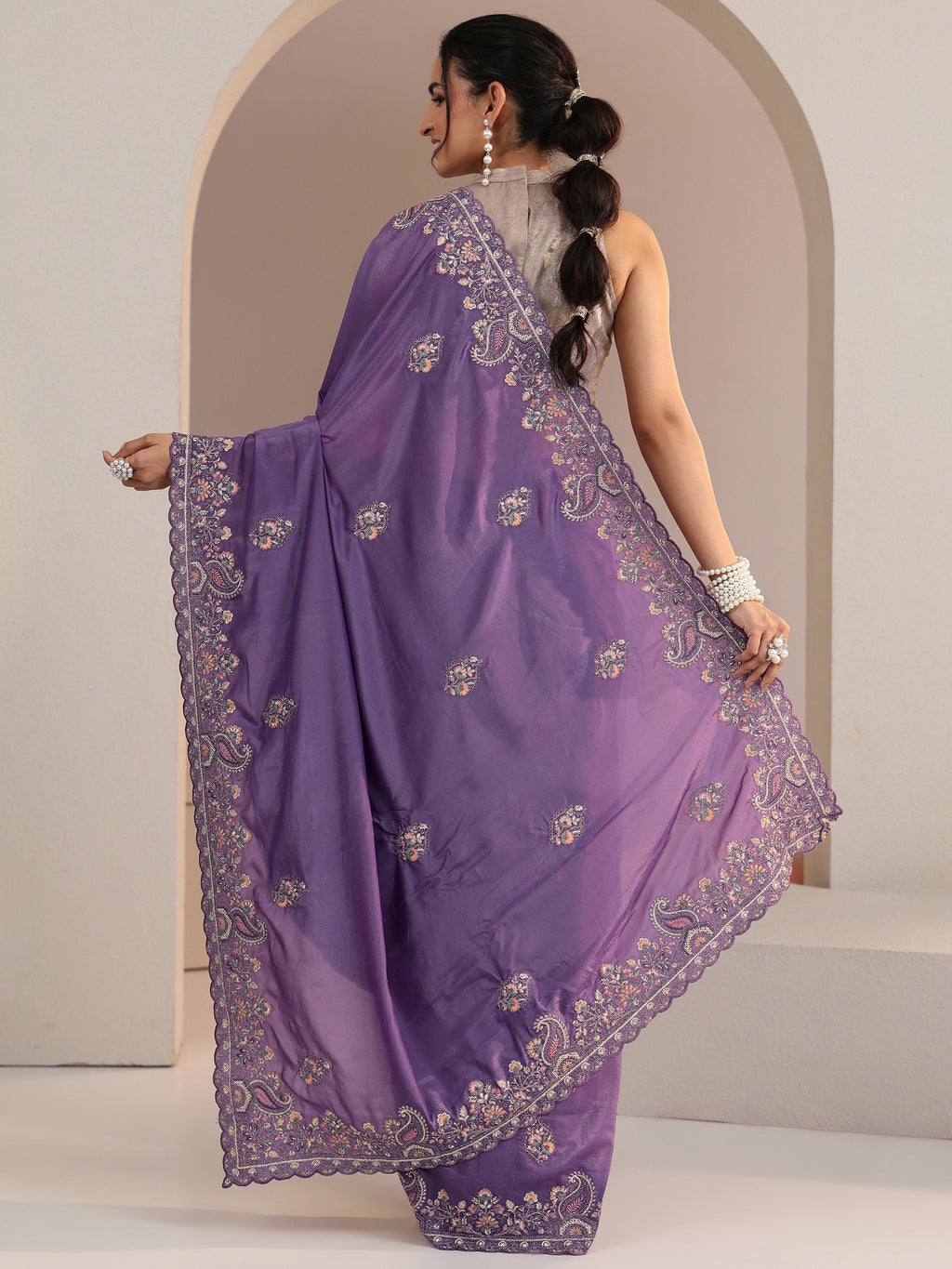 Libas Purple Embroidered Satin Saree