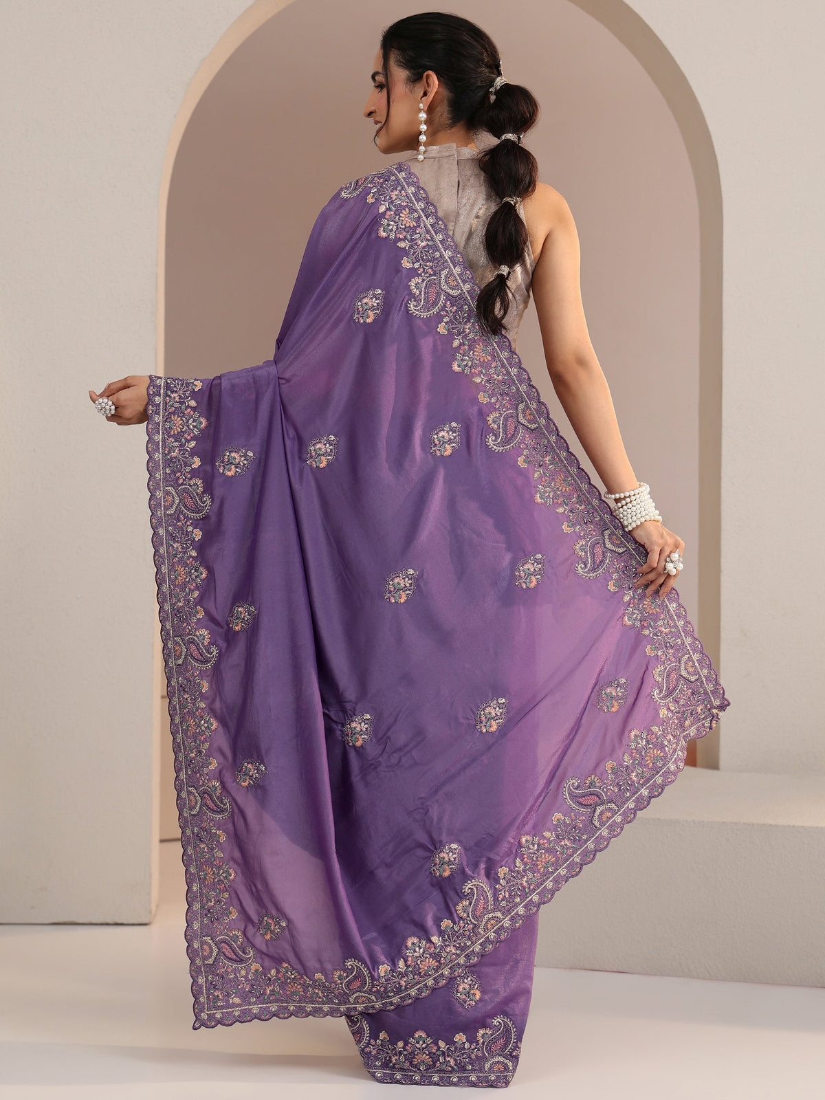 Libas Purple Embroidered Satin Saree