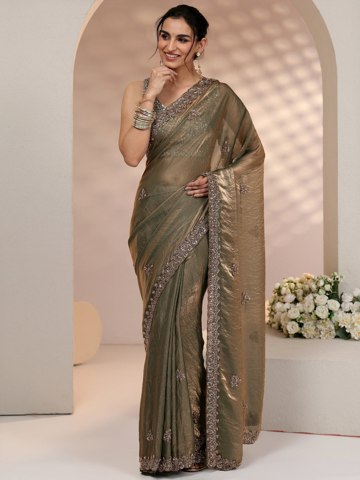 Libas Metallic Olive Green Embellished Tissue Saree