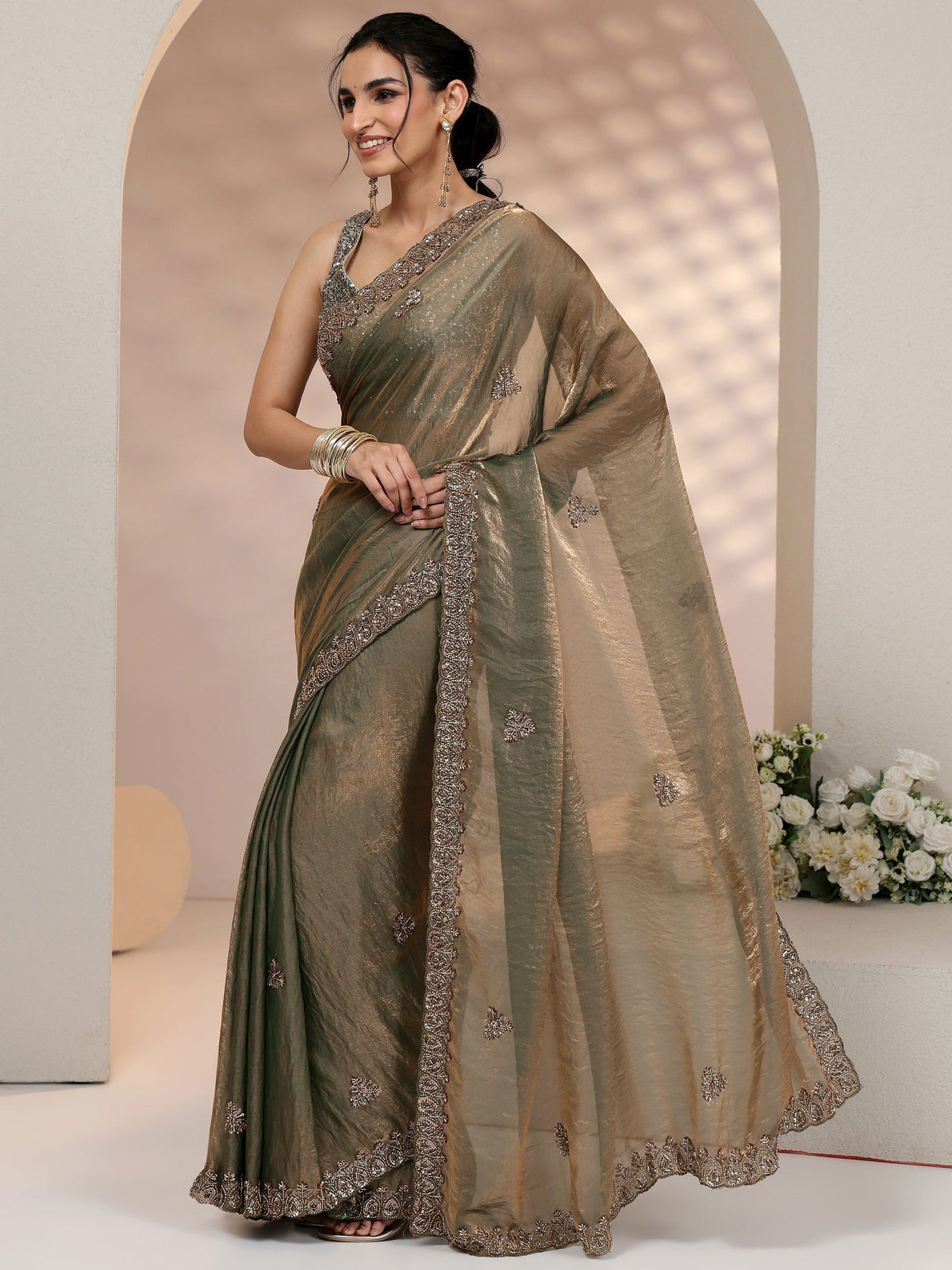 Libas Metallic Olive Green Embellished Tissue Saree